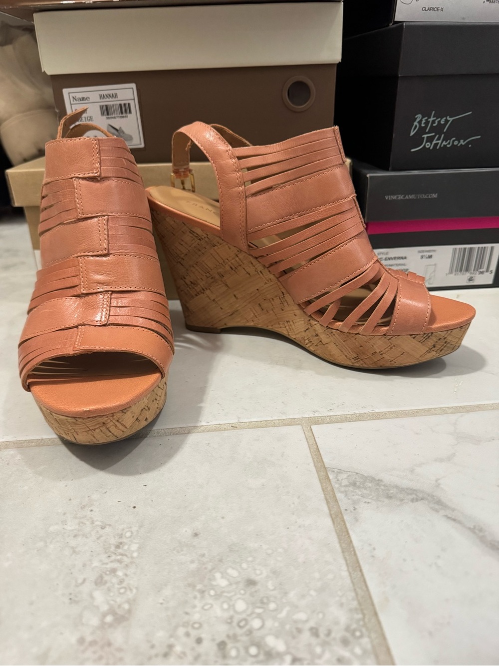 Women’s Tan Cork Wedge Sandals - Strappy Peep-Toe